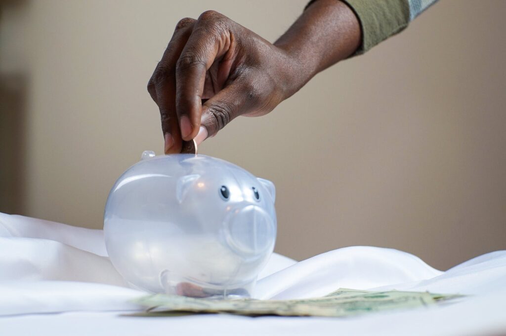 person putting coin in a piggy bank